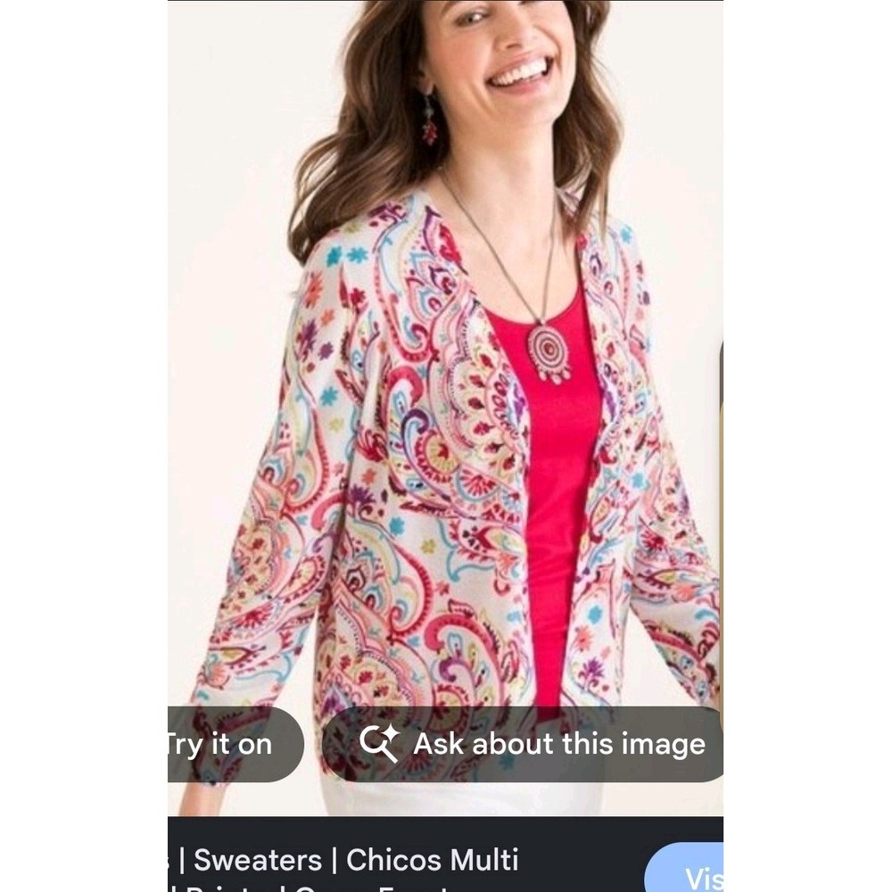 Chico's Paisley Cardigan Sweater XL Size 2 Open Front Ruched Sleeve Pink Blue
